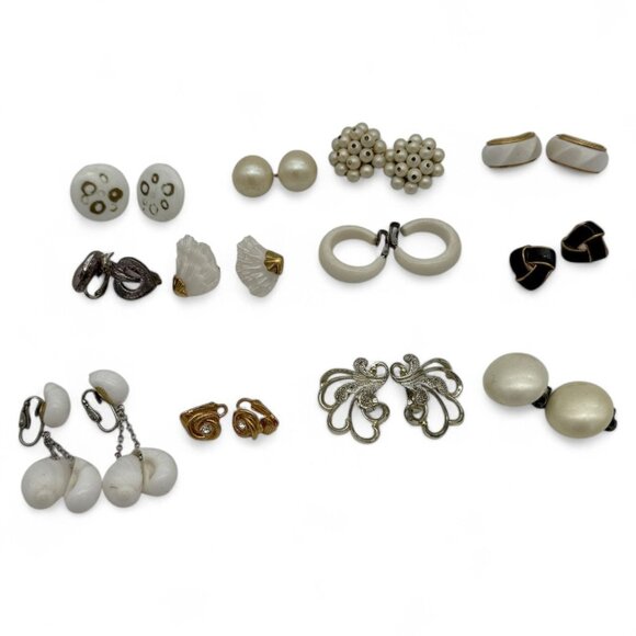Jewelry - Lot Of 12 Vintage Clip-On Earrings Gold & White Collection Variety Of Styles